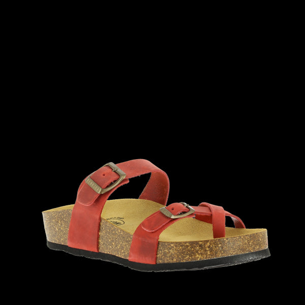 An enticing image showcasing Plakton's 341032 Red Women's Sandals. Crafted with vegan leather and featuring a cork sole, these sandals exude sophistication and comfort, perfect for smart casual occasions.