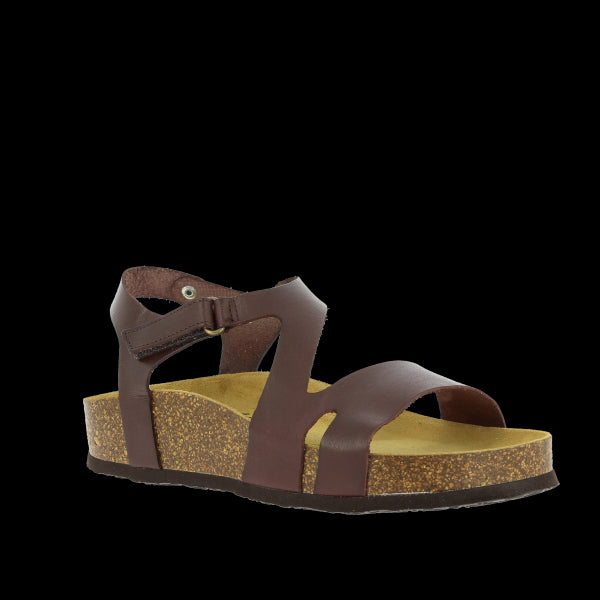 A striking image showcasing Plakton's Dark Brown Women's Sandals. Crafted with premium vegan leather, featuring an adjustable ankle strap for a personalized fit. The sleek design, coupled with contoured insoles and arch support, ensures all-day comfort and style. Perfect for adding a touch of sophistication to any summer ensemble.