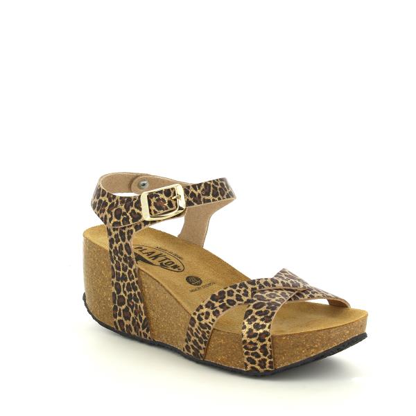  The photo showcases Plakton's 875087 Leopard Print Women's Wedge Sandals, exuding fierce elegance. The sleek cross-strap design adds a touch of sophistication, while the adjustable ankle strap ensures a secure fit. Crafted from premium vegan leather, these sandals boast superior quality and style. The 7cm wedge heel provides height with comfort, making them perfect for any occasion.
