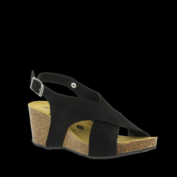 In this captivating photo, Plakton's 885902 Black Women's Wedge Sandals are showcased, exuding elegance and sophistication. The black leather cross-strap design, adjustable ankle strap, and cork sole are highlighted, offering both comfort and style. Crafted with premium vegan materials and made in Spain, these sandals are the epitome of smart casual fashion for the modern woman.