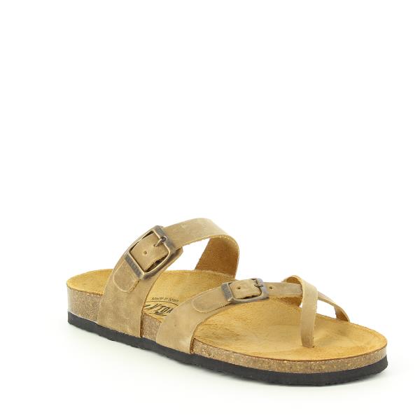 A captivating image showcasing Plakton's 101032 Beige Women's Sandals. These elegant vegan sandals feature a classic design with a toe loop and cross strap, crafted from high-quality leather in Spain. With an anatomically shaped footbed and adjustable instep strap, they offer both style and comfort for any occasion.