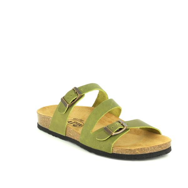 A captivating image featuring Plakton's 101210 Green Women's Sandals. These elegant vegan sandals showcase a classic design, crafted from premium leather in Spain. With an anatomically shaped footbed and adjustable instep strap, they offer both style and comfort for any occasion.