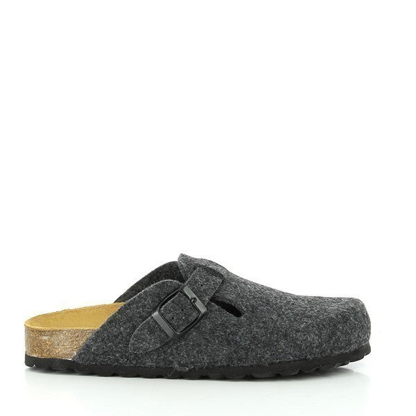 A captivating image showcasing Plakton's 101539 Grey Women Clogs. These vegan clogs feature a stylish grey upper with an adjustable buckle across the instep. The cork sole provides comfort and support, making them ideal for all-day wear. Perfect for adding a touch of sophistication to any outfit.