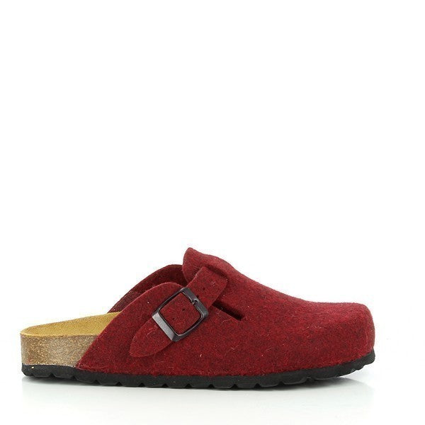 A captivating image featuring Plakton's 101539 Burgundy Women's Clogs. These chic vegan clogs boast a rich burgundy hue with an adjustable buckle across the instep. With a cork sole and stylish design, they offer both comfort and elegance, perfect for any occasion.