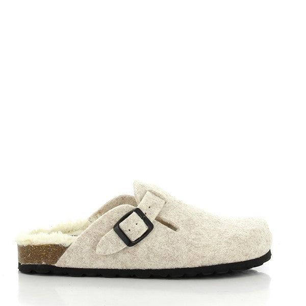 A captivating image showcasing Plakton's 101539 White Women's Clogs. These chic vegan clogs feature a crisp white hue with an adjustable buckle across the instep. With their cork sole and stylish design, including a cozy shearling footbed, they offer both elegance and comfort, perfect for any occasion.