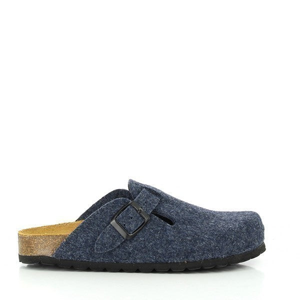 A photo showcasing Plakton's 101539 Navy Women's Clogs. These chic vegan clogs feature a deep navy hue with an adjustable buckle across the instep. With their cork sole and stylish design, they offer both elegance and comfort, perfect for any occasion.