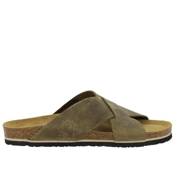 A close-up photo of Plakton's 175007 Green Khaki Men Sandals showcasing their stylish design and premium materials. The image highlights the crossed leather straps, cork insoles, and durable synthetic sole, emphasizing comfort and sustainability.