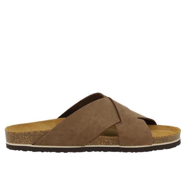 A close-up photo of Plakton's 175007 175007 Moka Men Sandals showcasing their stylish light brown colour, their design and premium materials. The image highlights the crossed leather straps, cork insoles, and durable synthetic sole, emphasising comfort and sustainability.