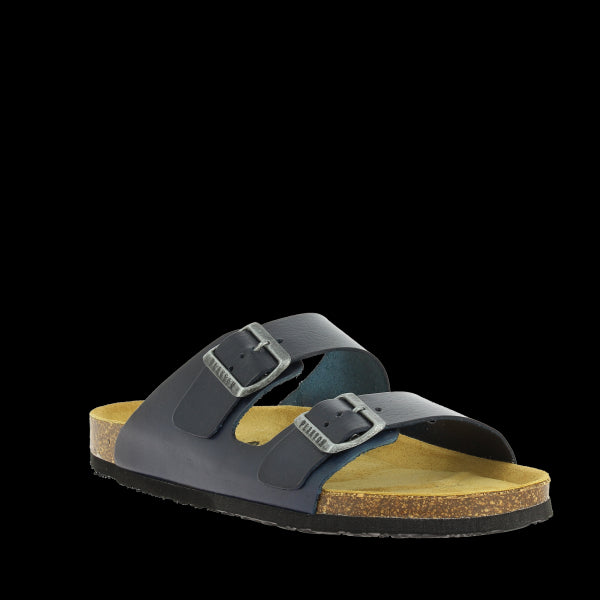 Crafted with Navy blue leather, these vegan cork sandals boast a two-strap upper with adjustable buckles for a personalised fit. Enhanced by Plakton's memory cushion technology footbed, they offer unparalleled comfort.