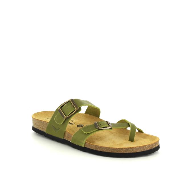A captivating image showcasing Plakton's 181032 Pistachio Green Women's Sandals. These chic vegan sandals feature a classic design with a toe loop and cross strap, meticulously crafted from premium leather in Spain. Enhanced with memory cushion technology, they provide both elegance and comfort for any occasion.