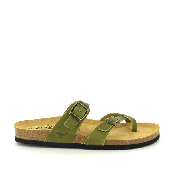 A captivating image showcasing Plakton's 181032 Pistachio Green Women's Sandals. These chic vegan sandals feature a classic design with a toe loop and cross strap, meticulously crafted from premium leather in Spain. Enhanced with memory cushion technology, they provide both elegance and comfort for any occasion.