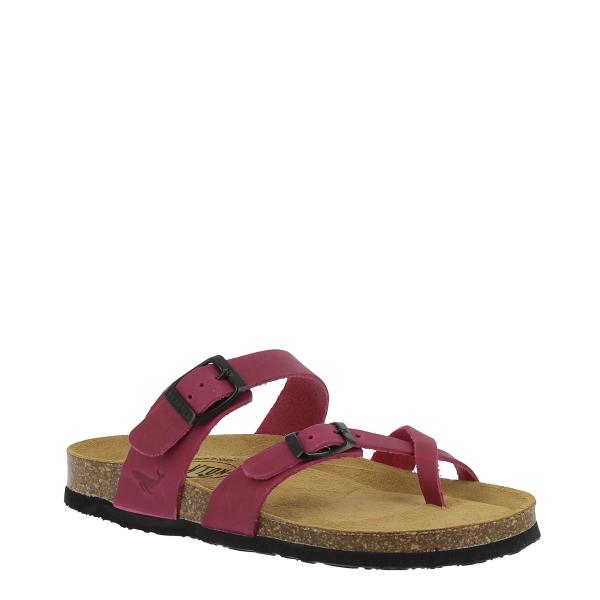A striking image showcasing Plakton's 181032 Hot Pink Women's Sandals. These vibrant vegan sandals feature a toe loop and cross strap design, crafted from premium leather in Spain. With memory cushion technology and an anatomically shaped footbed, they offer both style and comfort for any occasion.