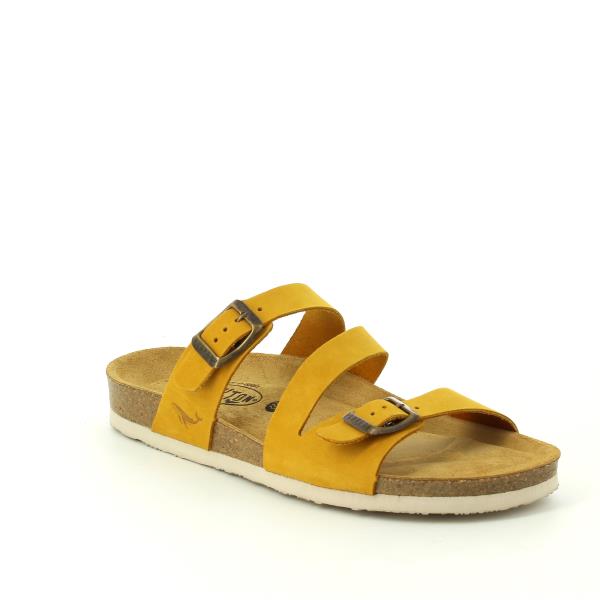 Showcase the sleek silhouette and vibrant yellow color of Plakton's 181210 Women's Sandals, highlighting the geometric strap design and the durable vegan leather upper.