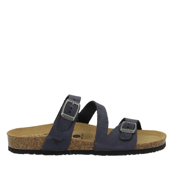 An exquisite image showcasing Plakton's 181210 Dark Blue Women's Sandals. These chic vegan sandals feature a classic design with a cross strap, meticulously crafted from premium leather in Spain. Enhanced with memory cushion technology, they offer both style and comfort for any occasion.