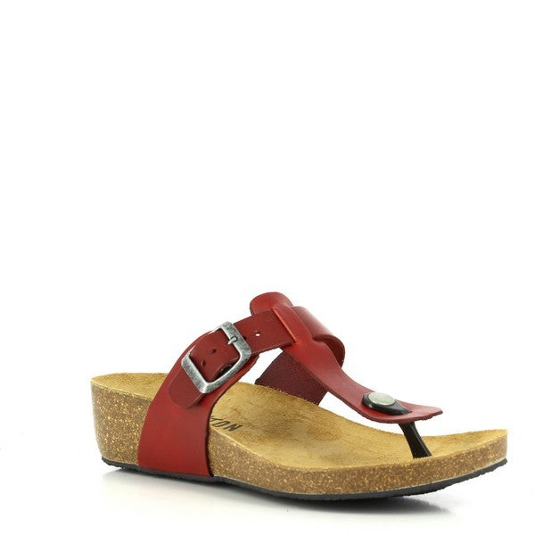 Showcase Plakton's Red Wedge Sandals against a white backdrop, highlighting their sleek design and vibrant red colour. 