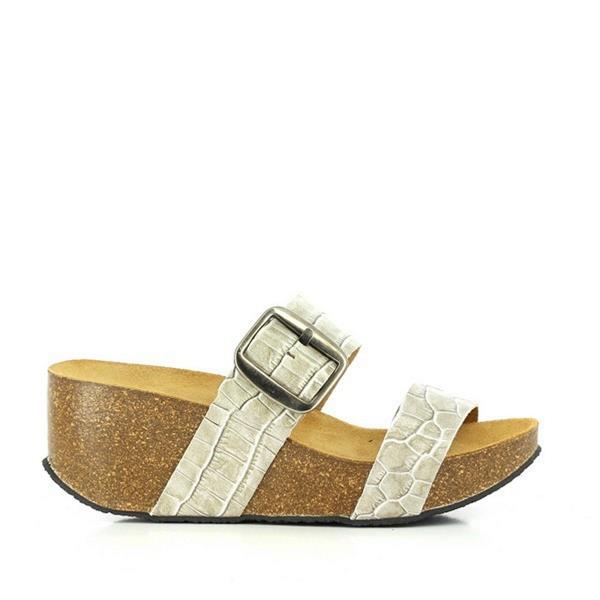 Experience sophistication with Plakton's 273004 Grey Crocodile Women's Wedge Sandals from the external side. The sleek silhouette showcases two adjustable straps made from premium vegan leather, exuding timeless elegance. The grey crocodile texture adds a touch of luxury, while the 6.5cm wedge heel offers both height and comfort.