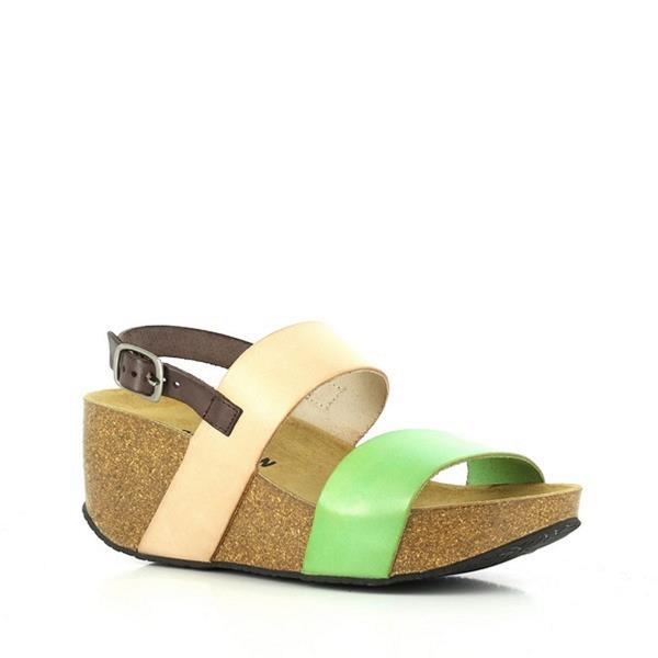 A captivating image showcasing Plakton's Green and Nude Women's Wedge Sandals. The sleek design and adjustable straps exude sophistication, while the contrasting green and nude colors add a pop of vibrancy. Crafted with premium vegan leather and a contoured cork footbed, these sandals offer both style and comfort for any occasion.