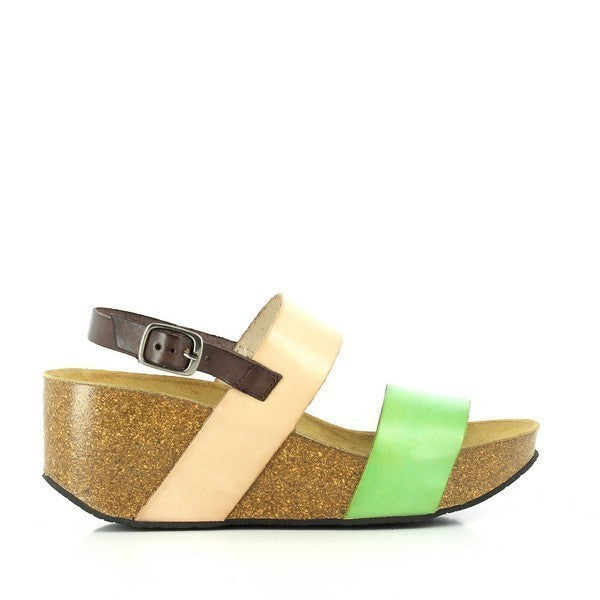 A captivating image showcasing Plakton's Green and Nude Women's Wedge Sandals. The sleek design and adjustable straps exude sophistication, while the contrasting green and nude colors add a pop of vibrancy. Crafted with premium vegan leather and a contoured cork footbed, these sandals offer both style and comfort for any occasion.