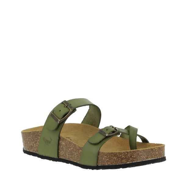 A captivating image showcasing Plakton's 341032 Malabo Green Women's Sandals. Crafted with premium vegan materials and featuring a stylish cork sole, these sandals exude elegance and comfort. The distinctive thong design with a toe loop and cross strap adds a touch of sophistication to any outfit. Perfect for smart casual occasions, these sandals are a must-have addition to your wardrobe.