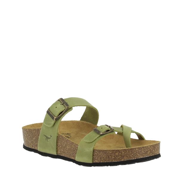 An enticing image featuring Plakton's 341032 Pistachio 26 Women's Sandals. Crafted with vegan leather and a cork sole, these sandals exude elegance and comfort, perfect for smart casual occasions.