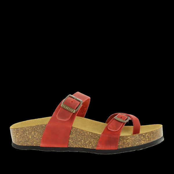 An enticing image showcasing Plakton's 341032 Red Women's Sandals. Crafted with vegan leather and featuring a cork sole, these sandals exude sophistication and comfort, perfect for smart casual occasions.