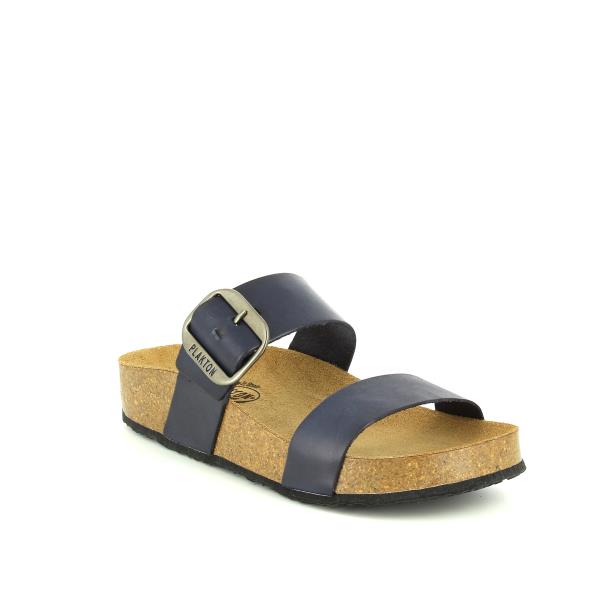 Highlight the sleek navy leather upper and adjustable buckle detail of Plakton's sandals, showcasing their sophisticated design and versatile style.