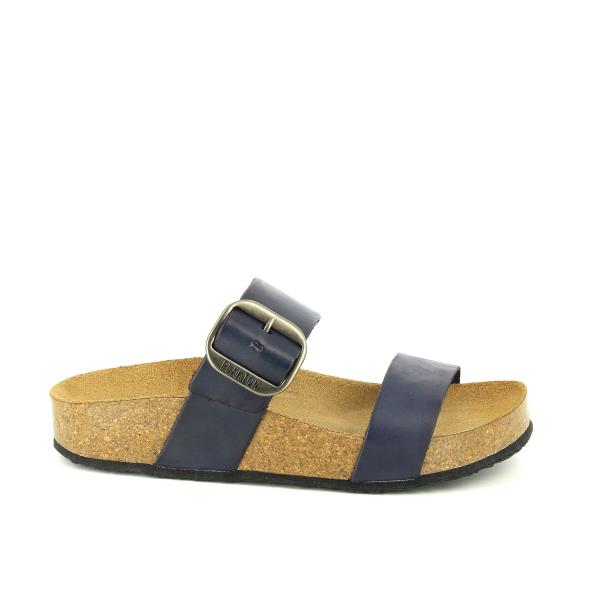 Highlight the sleek navy leather upper and adjustable buckle detail of Plakton's sandals, showcasing their sophisticated design and versatile style.
