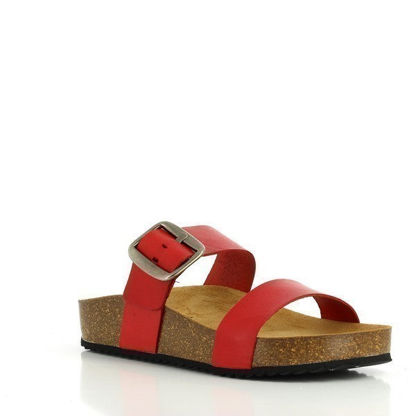 External Side Photo: Showcase the vibrant red leather upper and adjustable buckle detail.