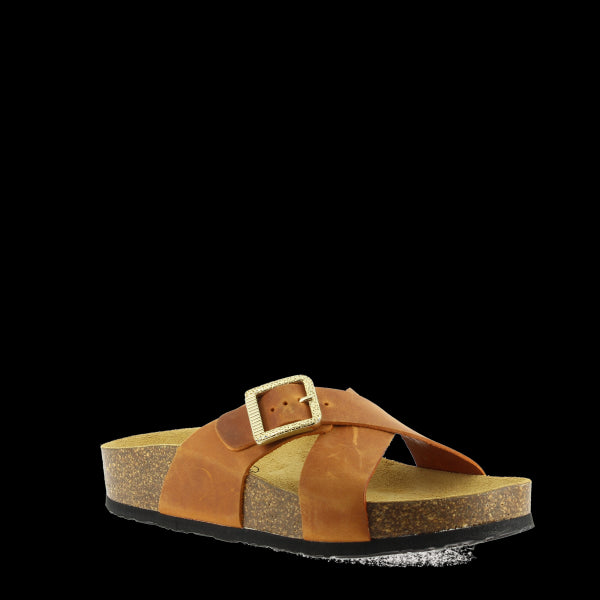 In this captivating photo, Plakton's 345638 Tan Cross-Strapped Women's Sandals are showcased in all their elegance. The tan leather straps, adorned with a golden buckle detail, beautifully contrast against the cork sole. The round toe shape and bios contoured lining promise comfort, while the 1cm heel platform adds a touch of sophistication. Made in Spain, these vegan sandals are a stylish and sustainable choice for any occasion.