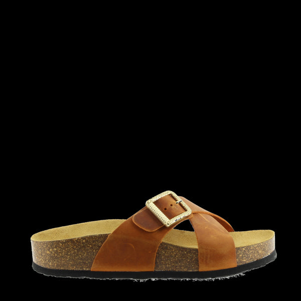 In this captivating photo, Plakton's 345638 Tan Cross-Strapped Women's Sandals are showcased in all their elegance. The tan leather straps, adorned with a golden buckle detail, beautifully contrast against the cork sole. The round toe shape and bios contoured lining promise comfort, while the 1cm heel platform adds a touch of sophistication. Made in Spain, these vegan sandals are a stylish and sustainable choice for any occasion.