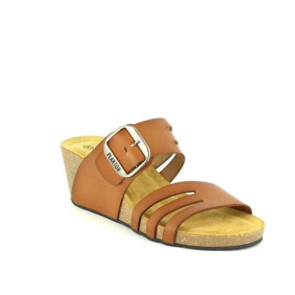 A close-up photo showcasing Plakton's Cognac Women's Wedge Sandals. The elegant design features two straps, one adorned with a statement buckle. Made with high-quality vegan leather, offering both style and comfort for smart casual occasions.