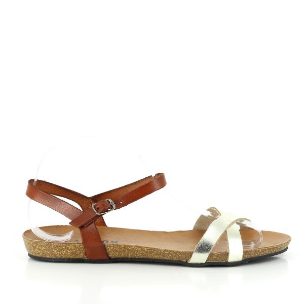 A stunning image showcasing Plakton's Gold and Tan Women's Sandals. The crisscrossing straps add a contemporary touch to this streamlined sandal, while the cork footbed promises comfort. Crafted with premium vegan leather, these sandals are perfect for elevating your summer wardrobe with style and sophistication.