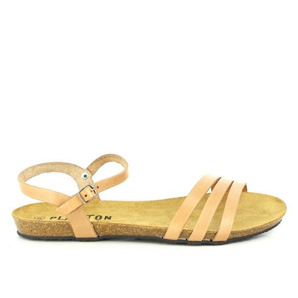 A captivating image showcasing Plakton's Beige Women's Sandals. The crisscrossing straps add contemporary poise to this streamlined sandal, while the cork footbed promises comfort. Crafted with premium vegan leather, these sandals are perfect for elevating your summer wardrobe with style and sophistication.