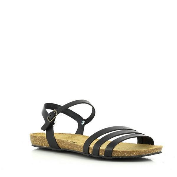 A striking image showcasing Plakton's Black Women's Sandals. The crisscrossing straps add contemporary poise to this streamlined sandal, while the cork footbed ensures comfort. Crafted with premium vegan leather, these sandals are perfect for elevating your summer wardrobe with style and sophistication.