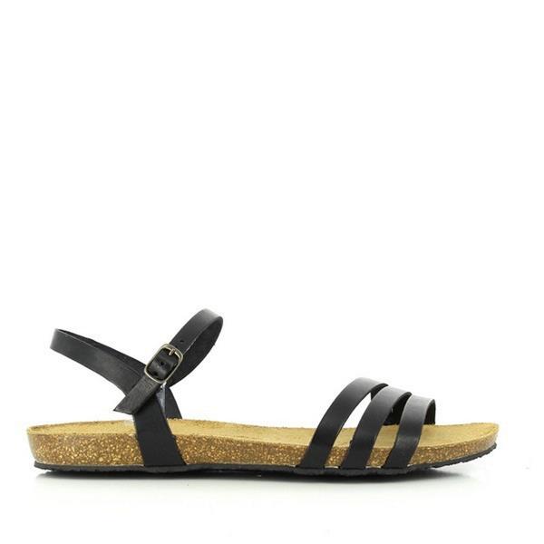 A striking image showcasing Plakton's Black Women's Sandals. The crisscrossing straps add contemporary poise to this streamlined sandal, while the cork footbed ensures comfort. Crafted with premium vegan leather, these sandals are perfect for elevating your summer wardrobe with style and sophistication.