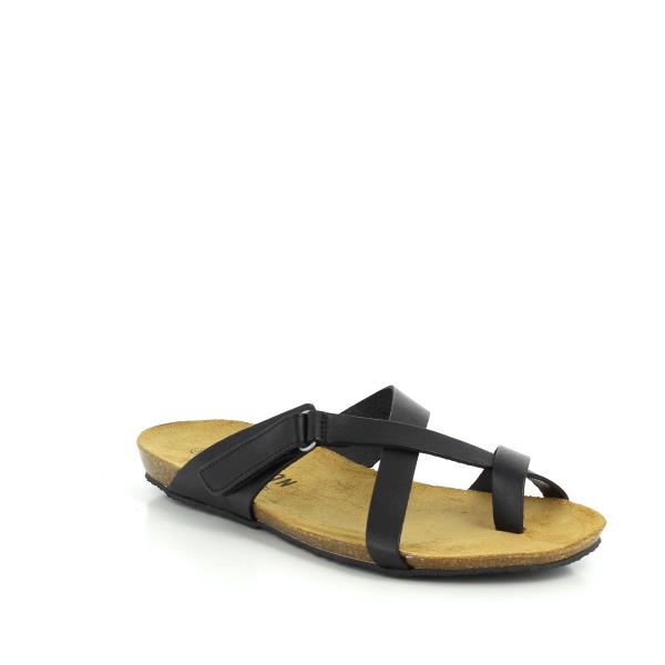 A captivating image showcasing Plakton's Black Women's Sandals. The sleek design features a toe loop thong style with a strappy upper design and adjustable Velcro strap closure, providing both style and functionality. Crafted with premium vegan leather and offering exceptional comfort and support, these sandals are perfect for smart casual occasions.