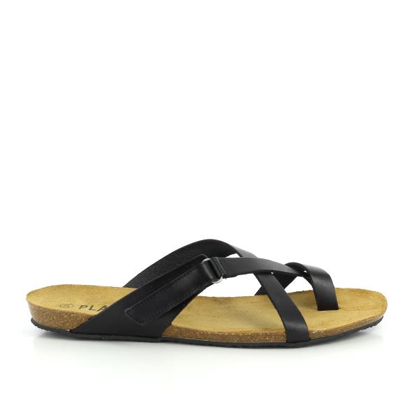A captivating image showcasing Plakton's Black Women's Sandals. The sleek design features a toe loop thong style with a strappy upper design and adjustable Velcro strap closure, providing both style and functionality. Crafted with premium vegan leather and offering exceptional comfort and support, these sandals are perfect for smart casual occasions.