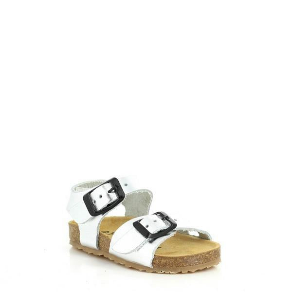 These silver sandals feature a branded insole, an open toe design for breathability, a black buckle fastening strap for easy adjustment, an ankle strap for added security, and a ridged cork sole for a touch of natural charm.