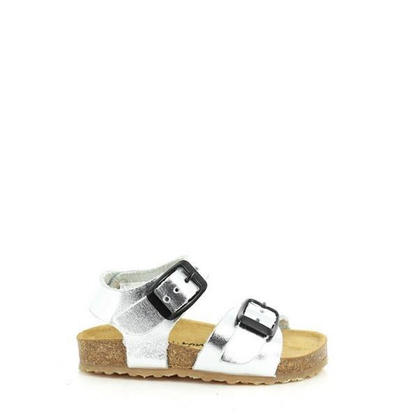 These silver sandals feature a branded insole, an open toe design for breathability, a black buckle fastening strap for easy adjustment, an ankle strap for added security, and a ridged cork sole for a touch of natural charm.