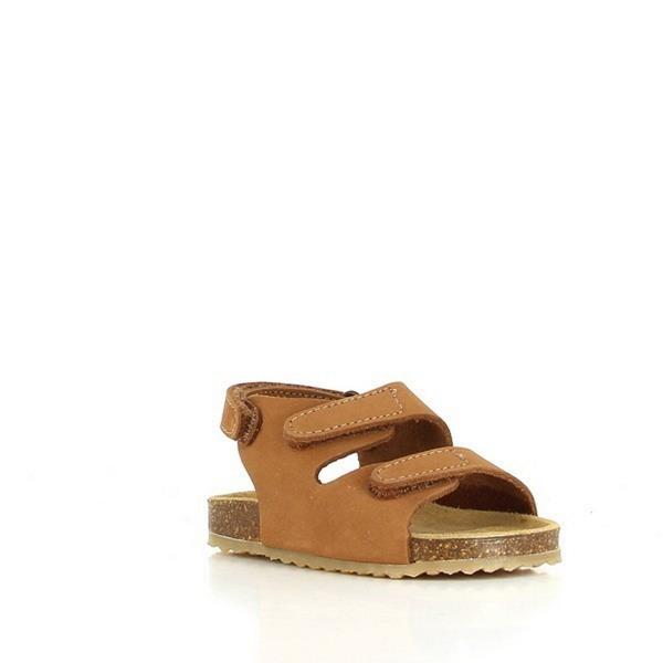 Versatile light brown kids sandals, these sandals feature a branded insole, an open toe design for breathability, velcro-fastening double straps for easy adjustability, an ankle strap for added security, and a ridged cork sole for a touch of natural charm.