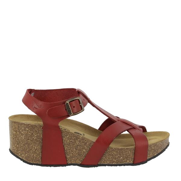 In this vibrant image, Plakton's 873015 Red Women's Wedge Sandals are displayed, showcasing their sleek design and rich color. The adjustable ankle strap and cushioned footbed ensure comfort, while the cork sole adds a touch of sophistication. Perfect for elevating any smart-casual look with style and flair.