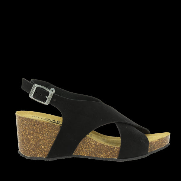 In this captivating photo, Plakton's 885902 Black Women's Wedge Sandals are showcased, exuding elegance and sophistication. The black leather cross-strap design, adjustable ankle strap, and cork sole are highlighted, offering both comfort and style. Crafted with premium vegan materials and made in Spain, these sandals are the epitome of smart casual fashion for the modern woman.